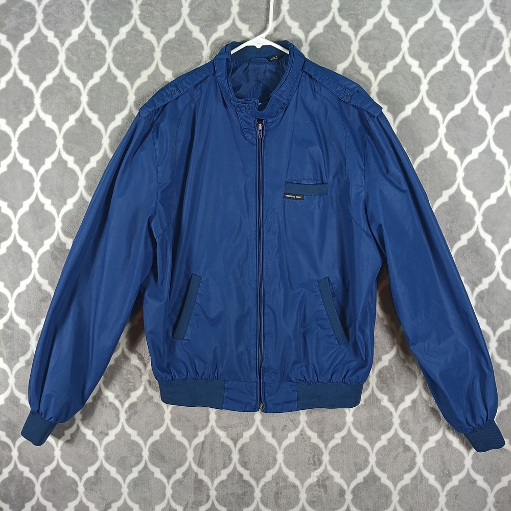 Members Only Cafe Racer Jacket Mens 44L Blue Vintage Epaulette Windbreaker
